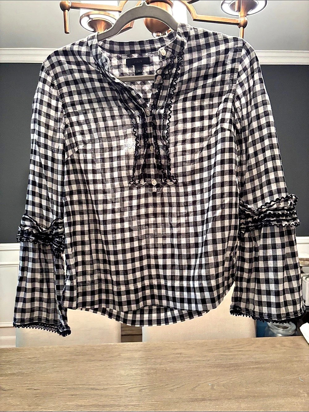 J.Crew Black White Gingham Ric-Rac Trim Ruffle Bell Sleeve Blouse Ruffle Bell